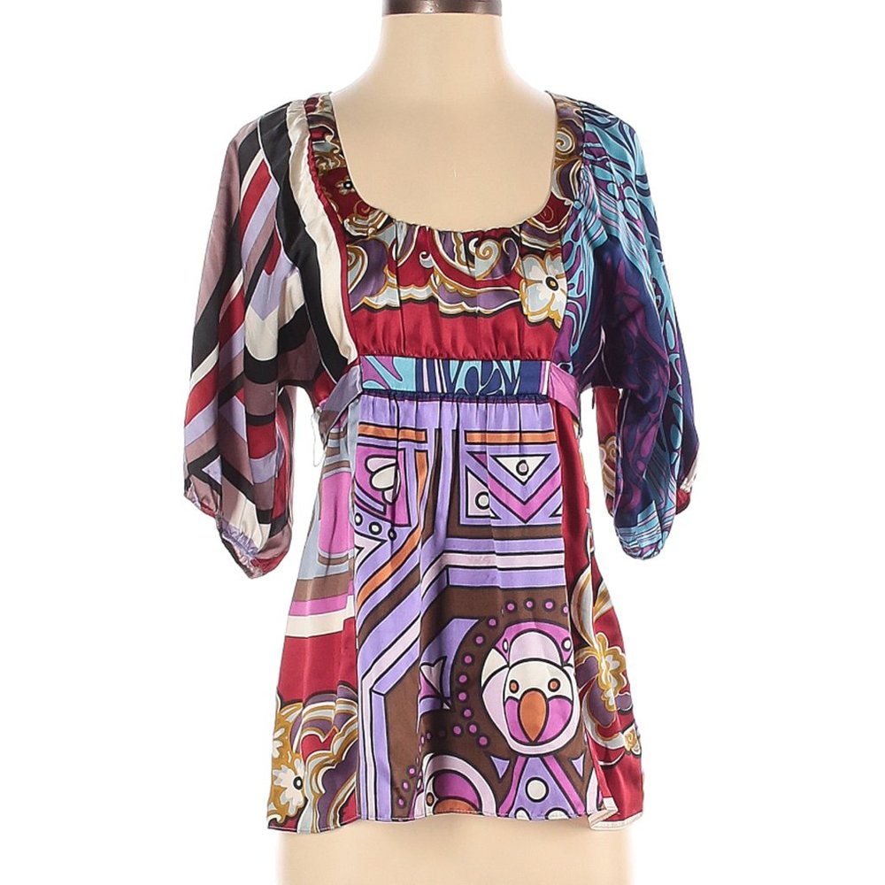 EUC! Alice & Trixie 60s Style Bright Bold Print 3/4 Sleeve Silk Top XS